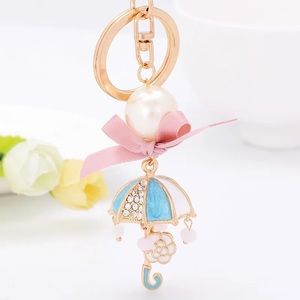 Whimsical Blue & White Crystal Umbrella Keychain with Pearl & Bow